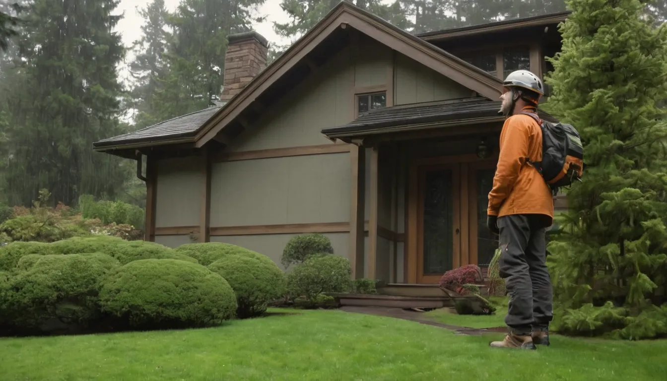 Independent tree provider inspecting a tall tree beside a wood-frame home in Gresham